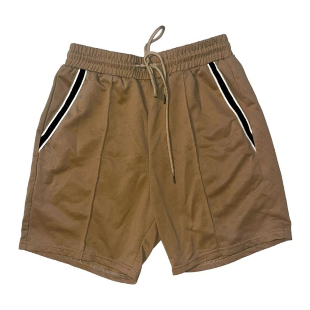 SHEIN Front Pleat Shorts Elastic Waist Glitter Black Side Stripes Tan Size Small
